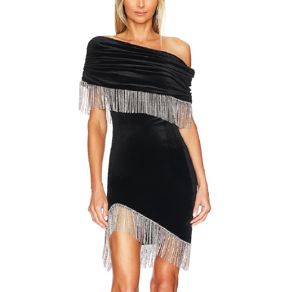 Revolve Black Velvet Dress with Rhinestone Fringe